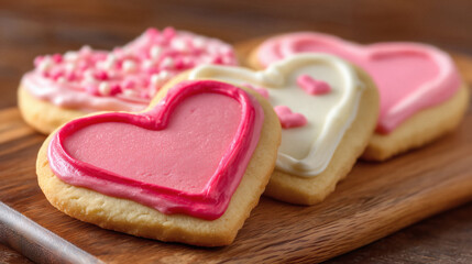 Sweeten your celebration with these delicious heart shaped sugar cookies covered in pink and white frosting for Valentine's Day