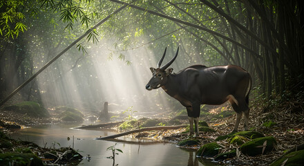 Majestic moose standing gracefully in a sun-dappled forest near a calm body of water