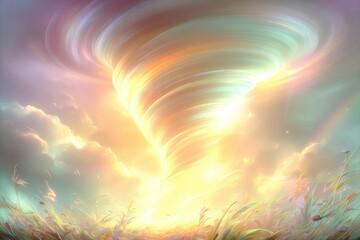 Swirling tornado radiates vibrant colors, blending nature's chaos with beauty