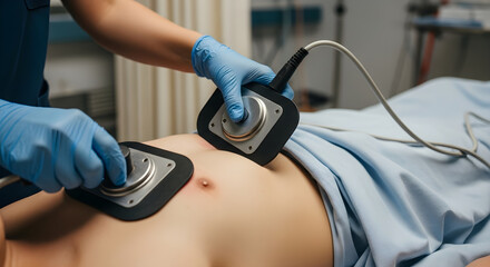 Medical professional performing defibrillation on a patient in a hospital setting, administering life-saving treatment
