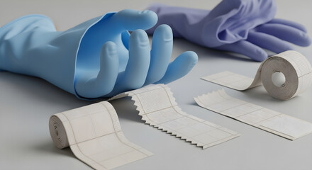 Medical gauze rolls and disposable gloves on a neutral surface, representing healthcare and hygiene