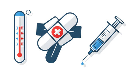 Medical icons thermometer, bandage, and syringe, representing health, treatment, and medicine