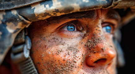 Fototapeta premium Intense gaze of a soldier with striking blue eyes embodying courage strength and unwavering determination in challenging times