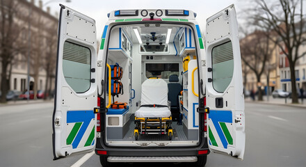 Interior of an emergency medical vehicle, equipped with a stretcher and medical supplies, ready for patient transport