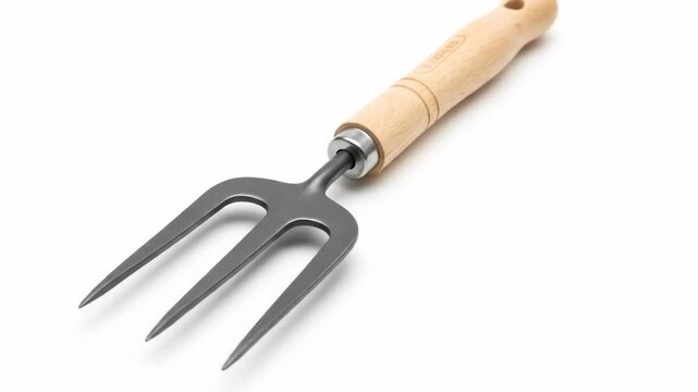 Garden hand fork with wooden handle against a white background