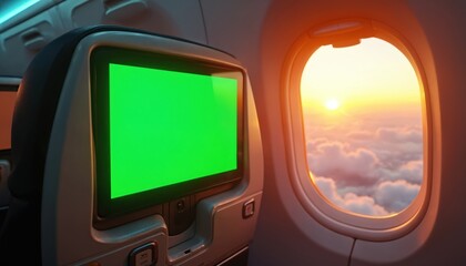 Airplane cabin interior with green screen. Sunlight view from airplane window. Beautiful sunrise over clouds. Travel by plane at golden hour or sunset sky.