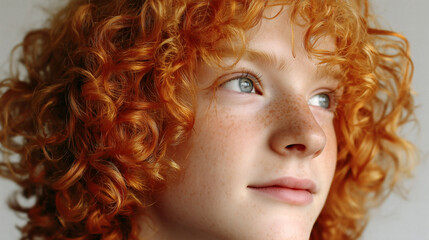 Intense portrait of a stunning young person with fiery red curly hair and gorgeous fair freckled skin looking up