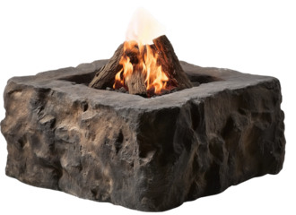 a square fire pit made of rough rocks, with burning wood and flames emerging from the top, set against a white background.