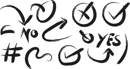 brush stroke marks icon set vector, yes no arrow hand drawn design