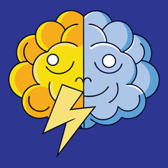 Split Brain Design with Sun and Cloud Faces, Lightning Bolt Symbolizing Emotional and Logical Balance on Bold Blue Apparel Graphic