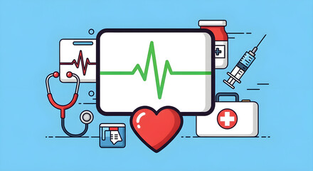 Medical and healthcare illustration with heart monitor, stethoscope, syringe, and first aid kit.