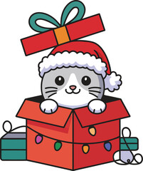 cute christmas cat in gift box vector, holiday pet cartoon illustration design