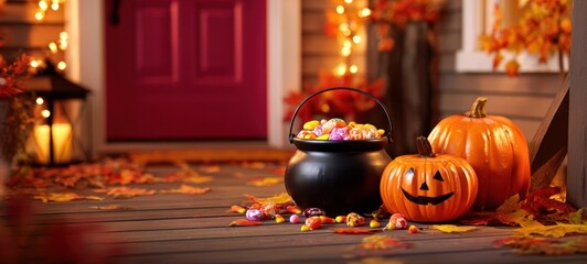 Obraz premium The Pumpkin Porch Decor with Jackolanterns and Candy Filled Cauldron for Autumn Evening