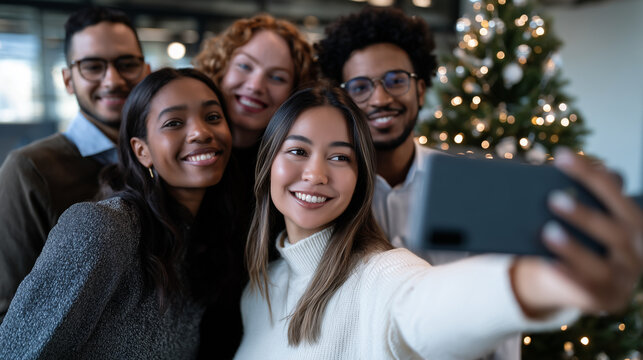 Diverse group of happy young business people or friends taking a selfie photo on smartphone during a christmas party in a modern office.