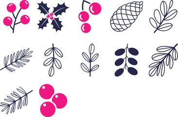 Festive botanical elements perfect for holiday designs with berries, pinecones, and leaves