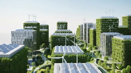 Green city skyline featuring modern buildings, solar panels, and wind turbines under a pale sky - Powered by Adobe