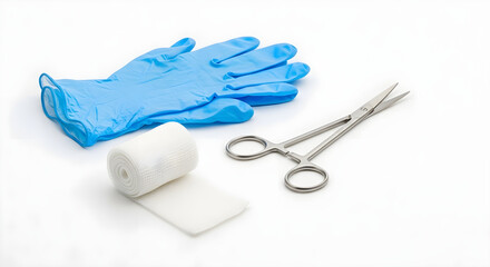 Medical supplies including blue gloves, white gauze bandage, and surgical scissors on a white background.