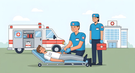 Emergency Medical Technicians Providing Aid to Patient on Stretcher Outside Hospital with Ambulance