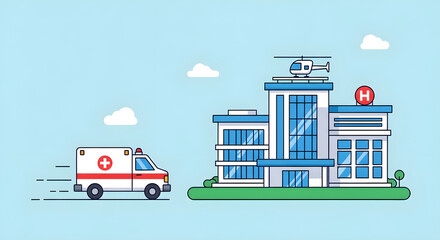 An ambulance with its lights flashing rushes towards a modern hospital building with a helipad on top.