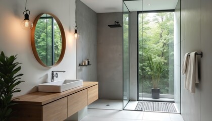 Contemporary bathroom design features wooden floating vanity, white sink, round mirror. Spacious walk-in shower with glass partition offers large window view of green trees. Indoor plant, stylish