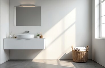 Fototapeta premium Modern minimalist bathroom design featuring white sink with mirror, woven laundry basket. Interior with sunlight, shadows. Bathroom design illustration for spa studio, design agency or design blog.