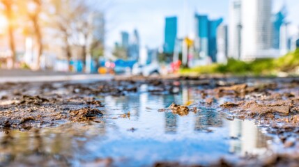 Fototapeta premium Reflection of city skyline in a puddle on a sunny day after rain