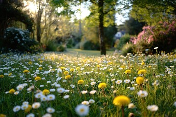 Obraz premium Bright spring day in a colorful garden filled with blooming flowers and sunlight near a peaceful path