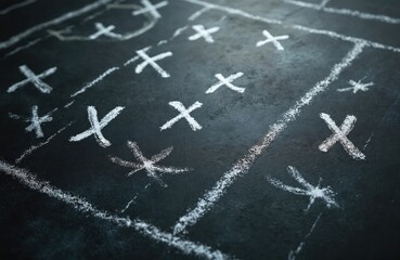 American football game plan chalk drawing on blackboard surface. Play strategy scheme with players positions and lines. Coach explains tactic. White chalk outline marks success.