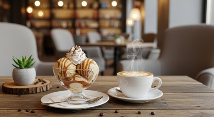 A dessert sundae with scoops of ice cream, whipped cream, and sauce, served with a steaming cup of coffee in a cafe setting