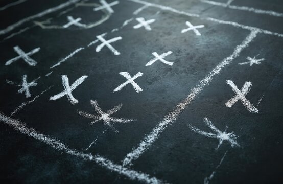 American football game plan chalk drawing on blackboard surface. Play strategy scheme with players positions and lines. Coach explains tactic. White chalk outline marks success.