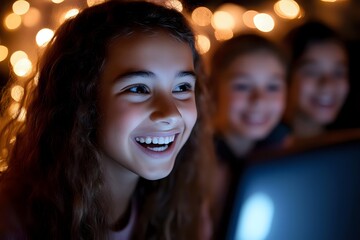 Fototapeta premium Young mixed race girl with bright smile illuminated by warm bokeh lights and screen glow, with friends in background enjoying entertainment together.