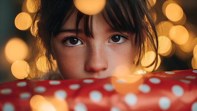 A close-up of a freckled girl peeking over a red polka-dotted surface, with warm golden bokeh lights in the background. Concept Close-up Portrait, Freckled Girl, Red Polka Dots, Warm Bokeh Lights