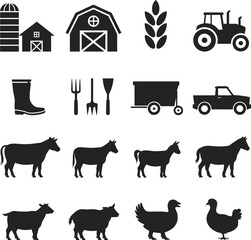 farm agriculture icon set vector, animal barn tractor rural design
