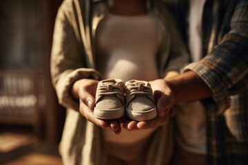 Expectant parents joyfully hold small shoes in a cozy living room during the afternoon