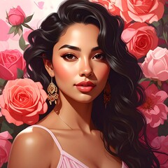 Woman in pink, surrounded by roses