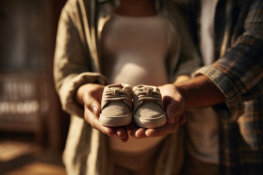 Expectant parents joyfully hold small shoes in a cozy living room during the afternoon