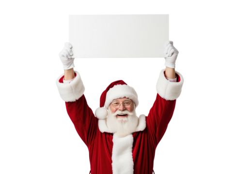 Santa Claus showing blank banner for retail winter sale advertising, useful for shopping mall promotions, event invitations, and festive marketing campaigns with editable message space