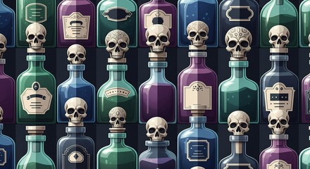 Collection of vintage poison bottles with skull stoppers.