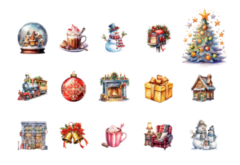 Winter celebration icon pack created for holiday advertising campaigns, greeting card layouts, packaging labels, online store decoration assets and festive marketing materials