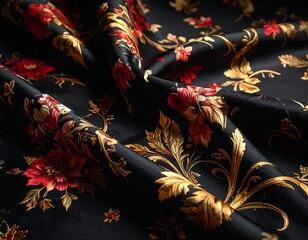 Elegant textile with floral patterns, gold accents and rich color