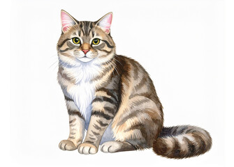 Tabby cat isolated on white background. Watercolor illustration