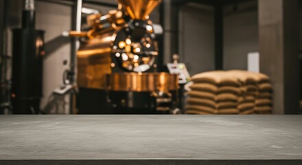 Large industrial coffee roaster machine with sacks of coffee beans in a factory setting for commercial usage and mockups