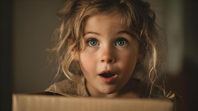 A young girl with blue eyes peeks over the edge of a cardboard box, looking surprised. Concept Child portrait, surprise expression, peeking from a cardboard box, blue-eyed girl, playful imagination