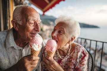 Elderly couple enjoys ice cream on a sunny day by the seaside terrace overlooking the water