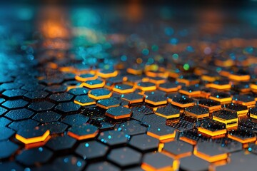 Obraz premium Hexagonal pattern with glowing edges creating a vibrant surface in a dark setting with reflections and neon colors