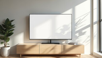 Blank smart TV mockup is displayed in minimalist living room. Sunlight casts plant shadows on white wall. Modern wooden media console is below screen for entertainment display.