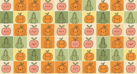 Cute Kawaii Autumn Harvest Fruits and Vegetables Pattern.