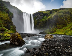 Fototapeta premium Majestic waterfall cascading down moss-covered cliffs, smooth stream foreground, contrasted against dark rocks, cloudy sky above