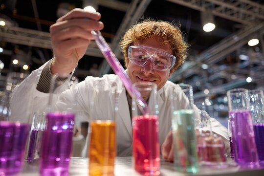 Scientist conducts colorful chemistry experiment at a science fair showcasing vibrant reactions and innovative techniques