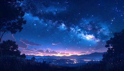 Naklejka premium Starry Nightscape A vast, stylized, dark blue night sky with bright stars and soft clouds over a hazy landscape